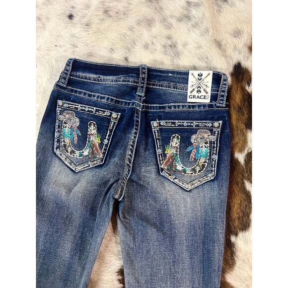 NEW Grace in LA Horseshoe Cowboy Hat Pocket Bootcut Jeans in Easy Fit - Picture 2 of 2